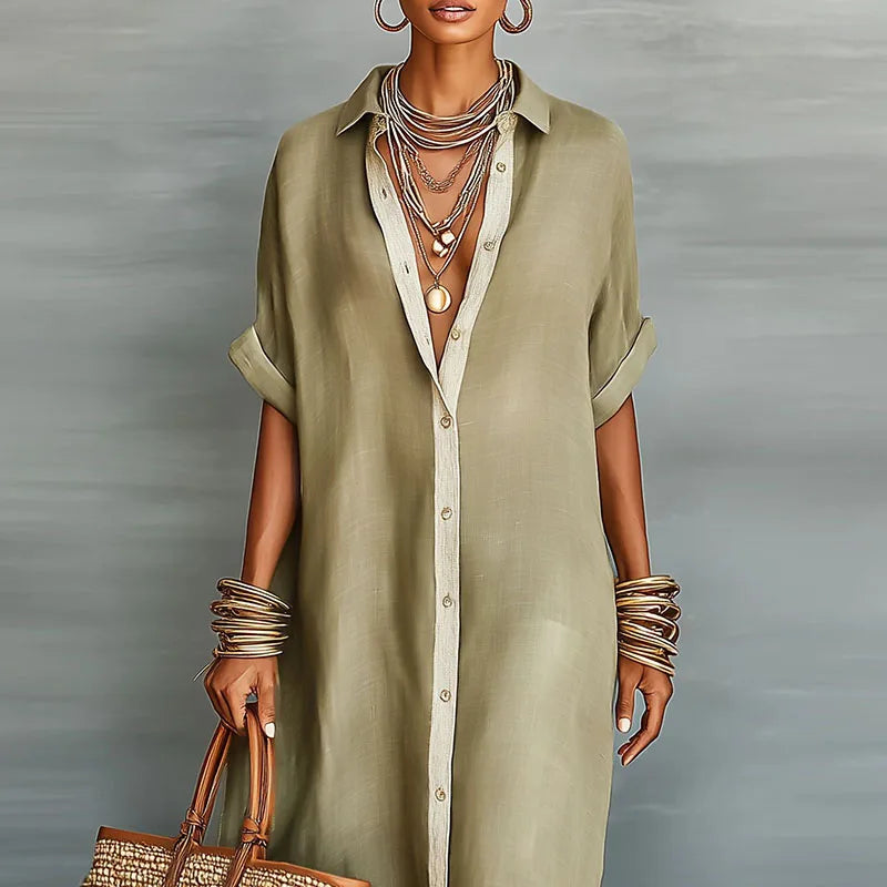 Women's Linen Blend Maxi Shirt Dress Short Sleeve