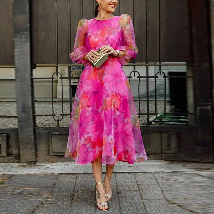 Women's Floral Chiffon Midi Dress Long Sleeve Wedding