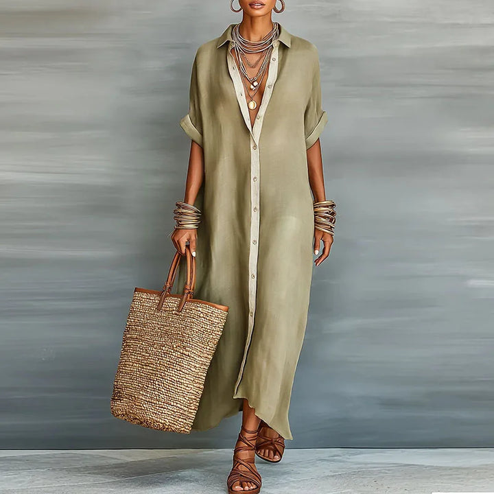 Women's Linen Blend Maxi Shirt Dress Short Sleeve