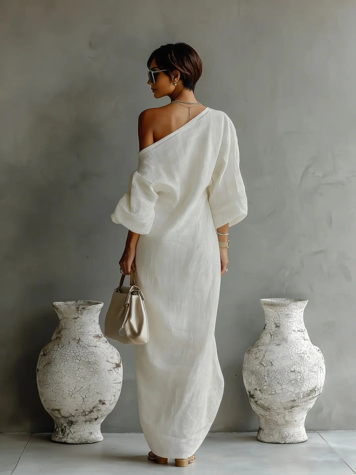 Women's One Shoulder Linen Maxi Dress Batwing Sleeve