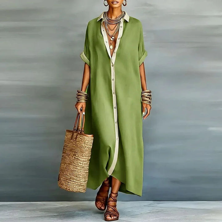 Women's Linen Blend Maxi Shirt Dress Short Sleeve