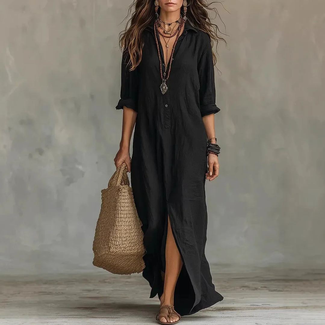 Women's Linen Maxi Shirt Dress V-Neck 3/4 Sleeve Split