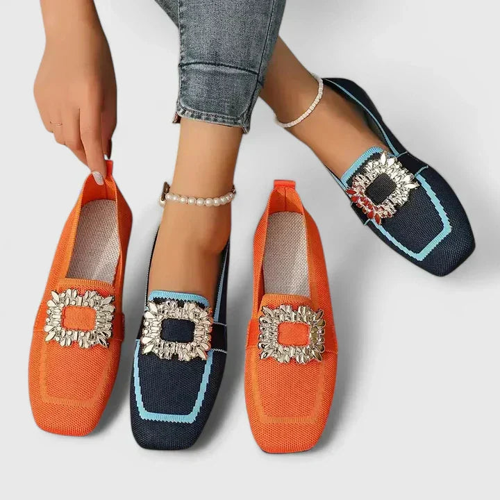 Women's Orthopedic Square Toe Loafers with Embellished Buckle