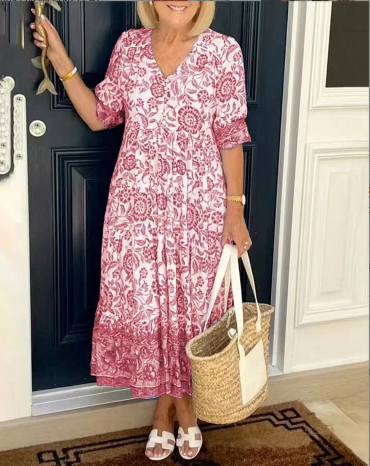 Women's Floral V-Neck Midi Dress with Short Sleeves