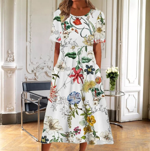 Women's Floral A-Line Midi Dress with Short Sleeves