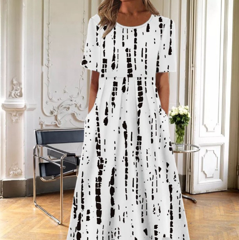 Women's Floral A-Line Midi Dress with Short Sleeves