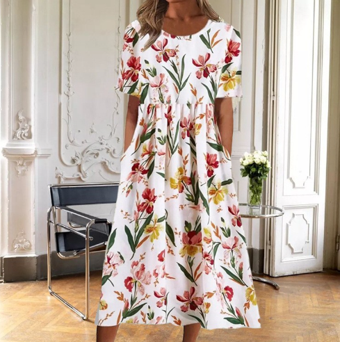 Women's Floral A-Line Midi Dress with Short Sleeves