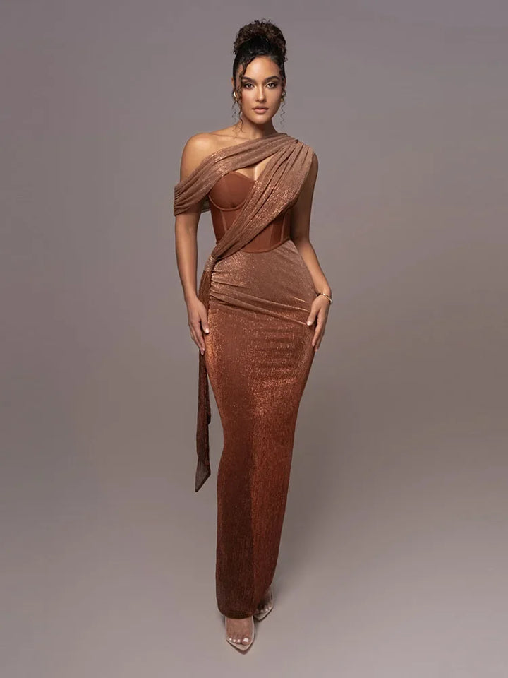 Women's One Shoulder Draped Bodycon Maxi Evening Dress