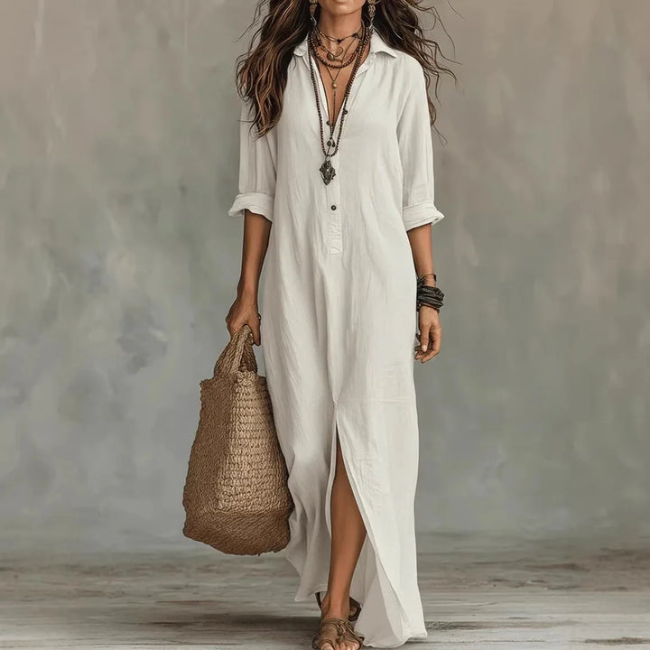 Women's Linen Maxi Shirt Dress V-Neck 3/4 Sleeve Split