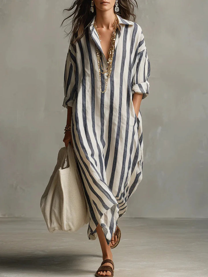 Women's Striped Linen Maxi Shirt Dress Loose V-Neck
