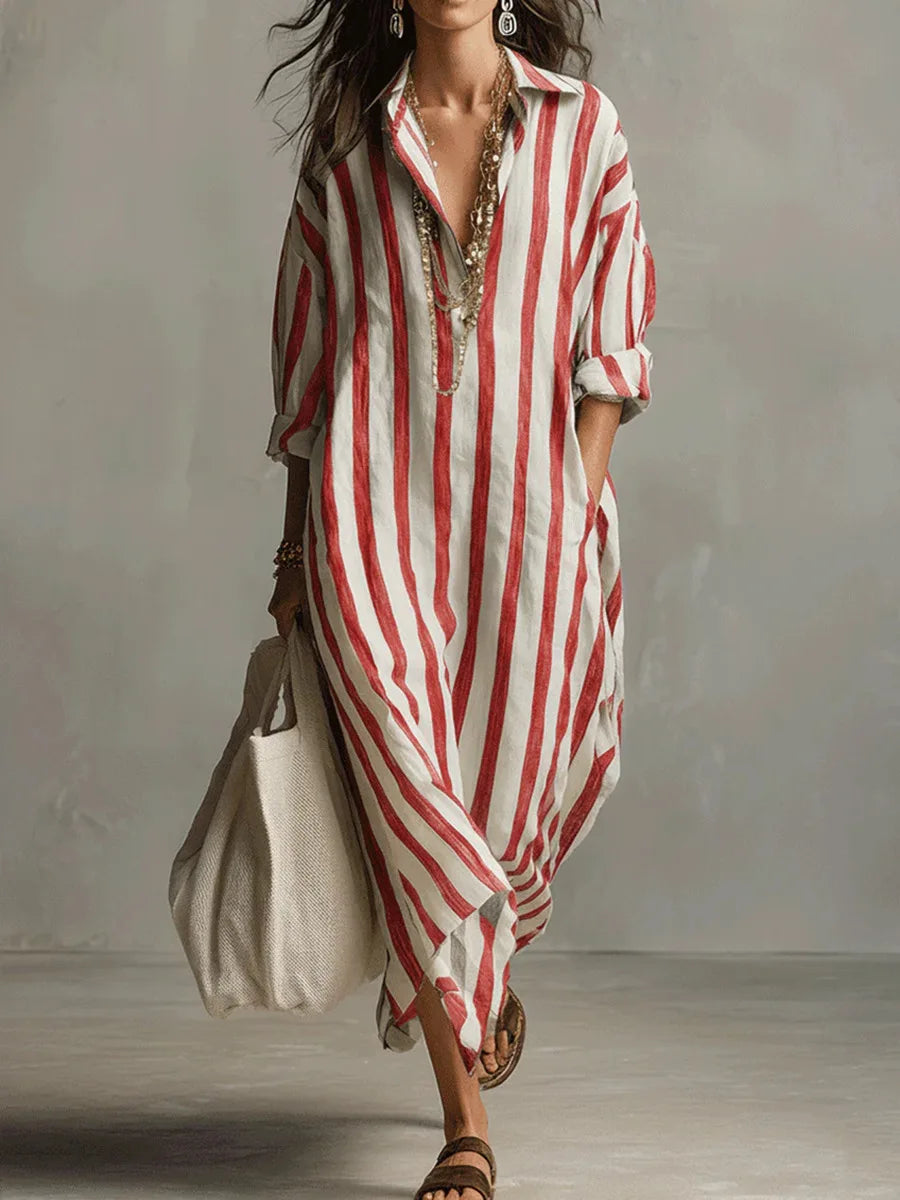 Women's Striped Linen Maxi Shirt Dress Loose V-Neck