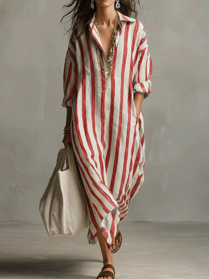 Women's Striped Linen Maxi Shirt Dress Loose V-Neck