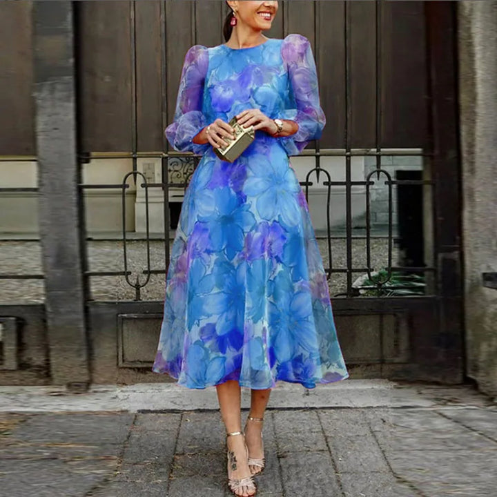 Women's Floral Chiffon Midi Dress Long Sleeve Wedding