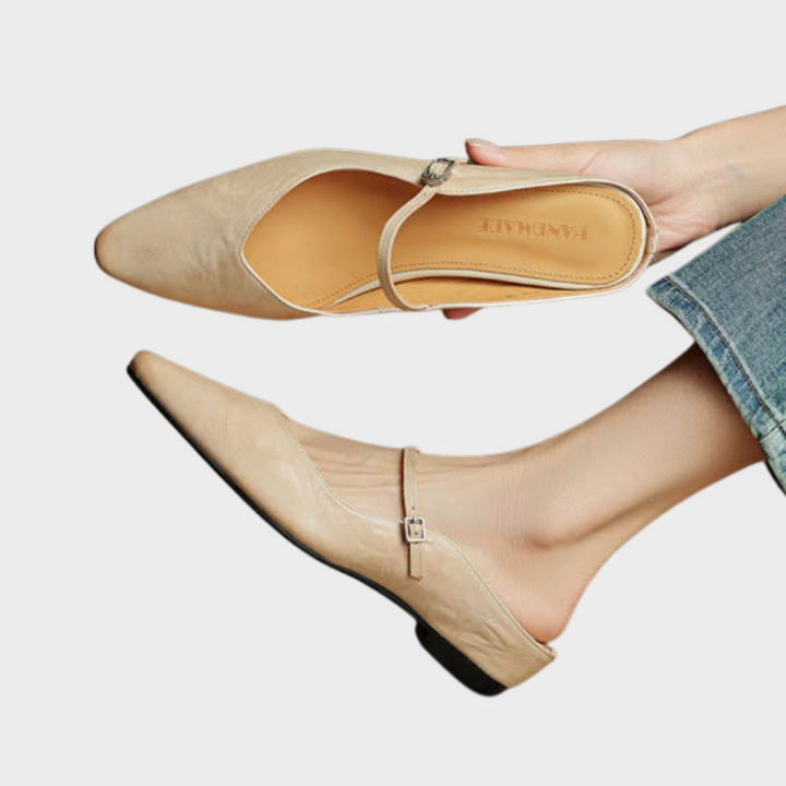 Women's Leather Pointed Toe Slip-On Mule Flats Strap