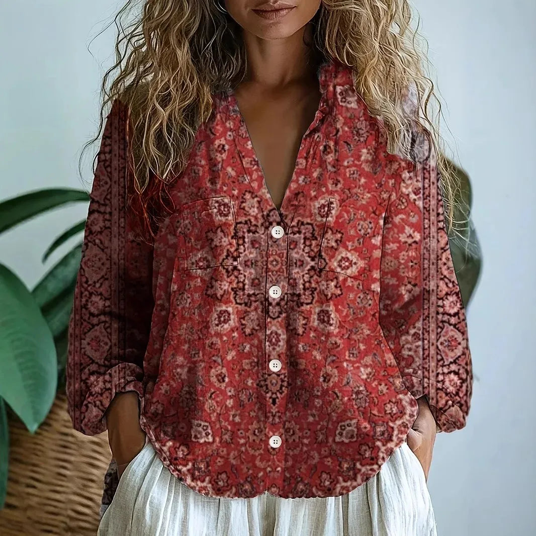 Women's Printed Boho Blouse with V-Neck and Long Sleeves