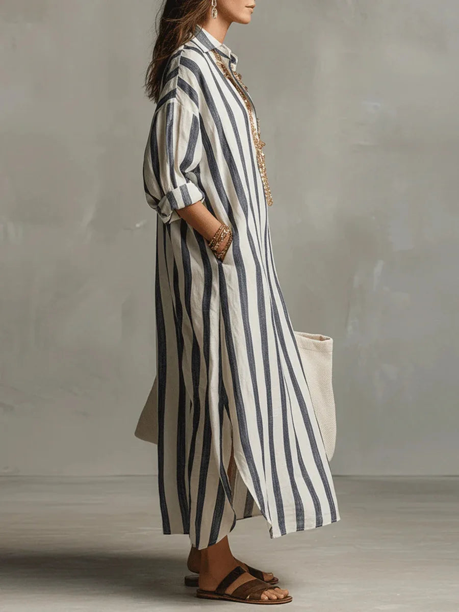 Women's Striped Linen Maxi Shirt Dress Loose V-Neck