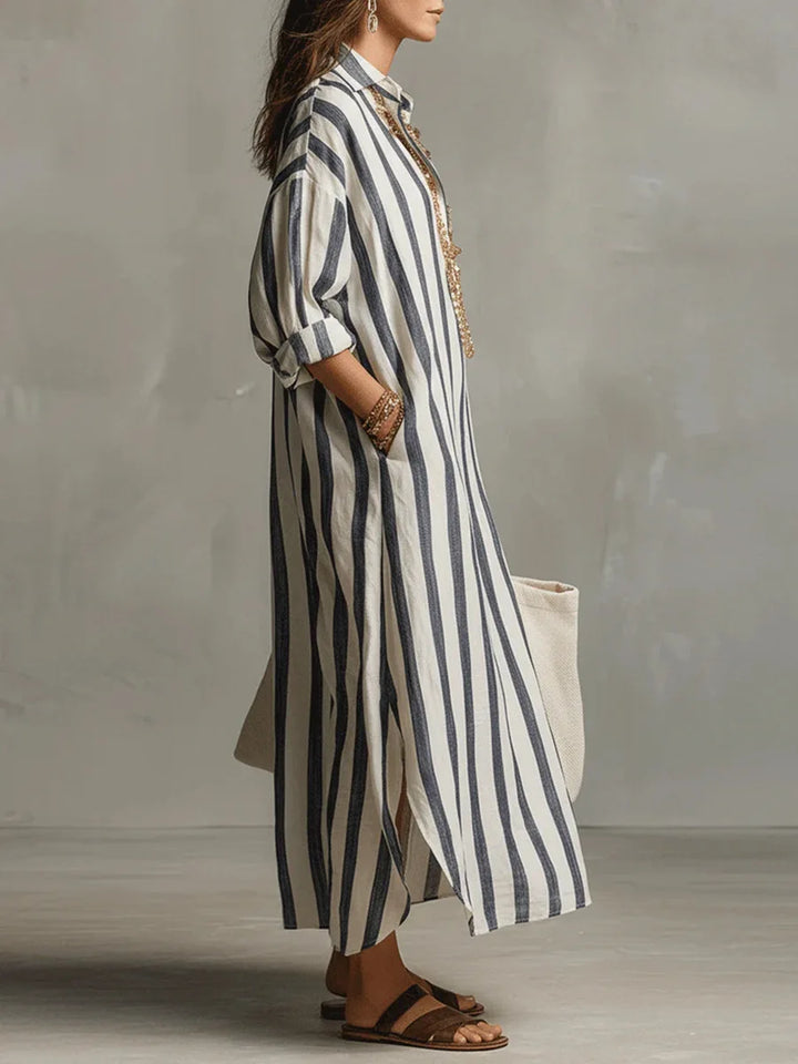 Women's Striped Linen Maxi Shirt Dress Loose V-Neck