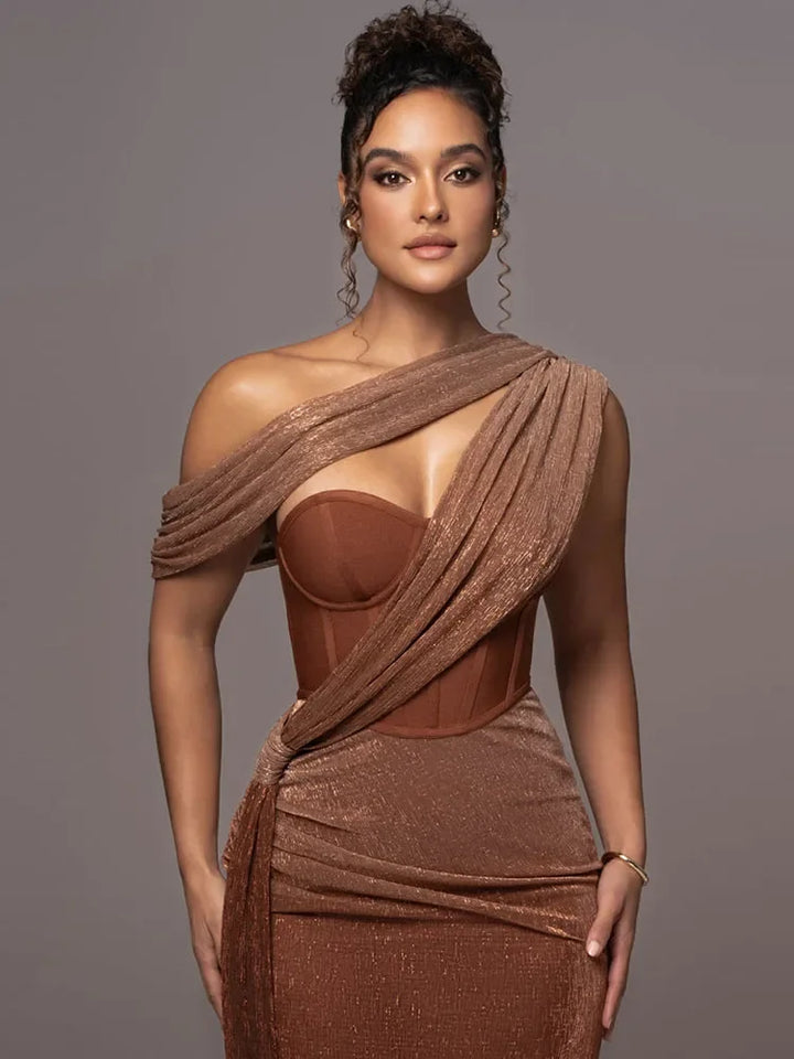 Women's One Shoulder Draped Bodycon Maxi Evening Dress