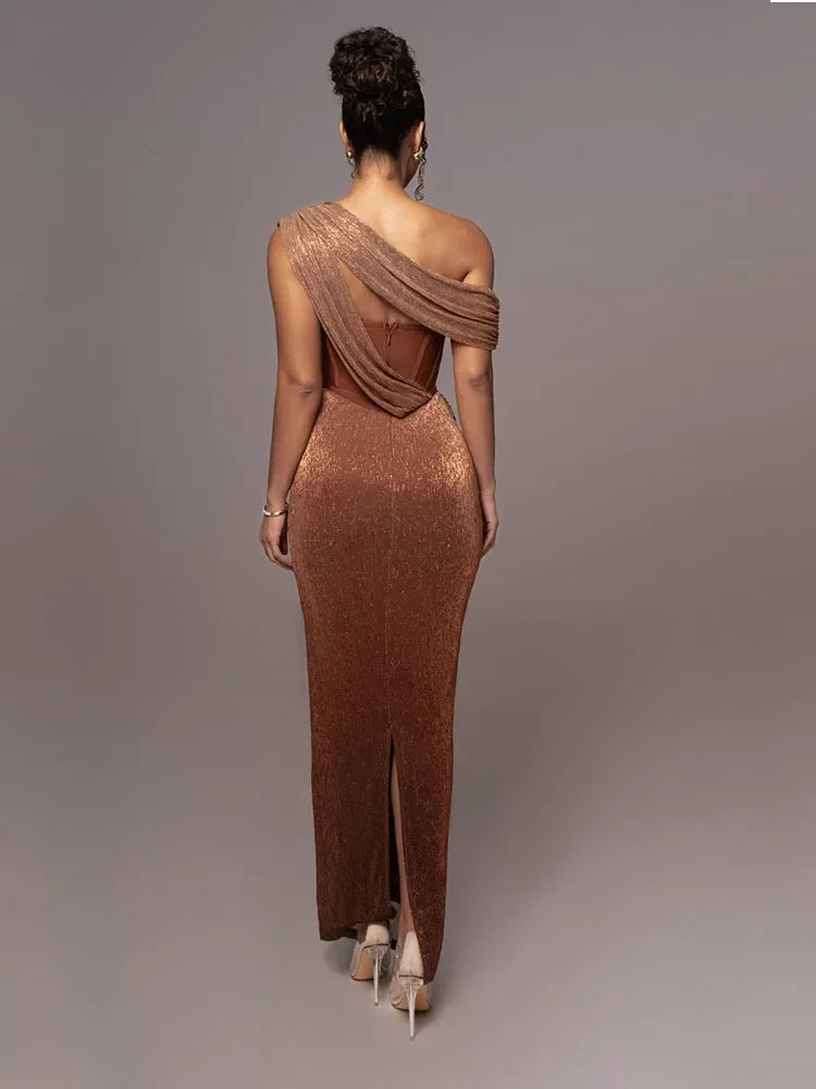 Women's One Shoulder Draped Bodycon Maxi Evening Dress