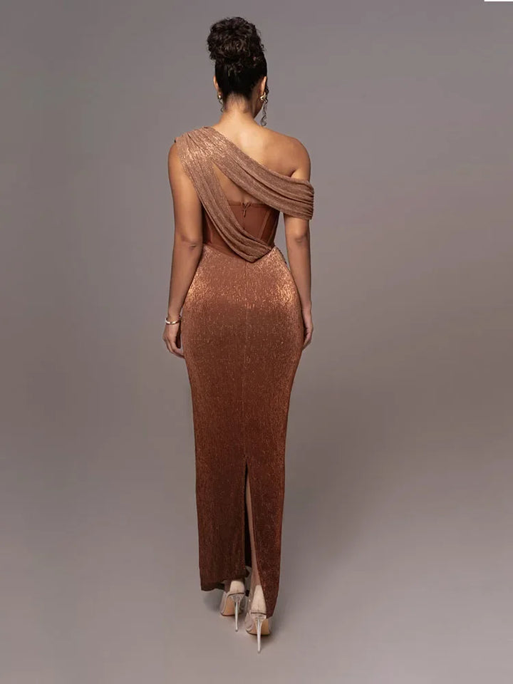 Women's One Shoulder Draped Bodycon Maxi Evening Dress
