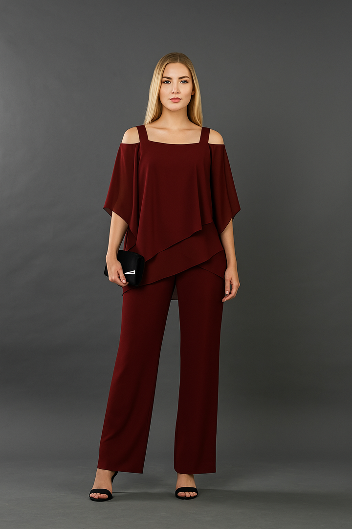 Women's Cold Shoulder Chiffon Top & Wide Leg Pants Set