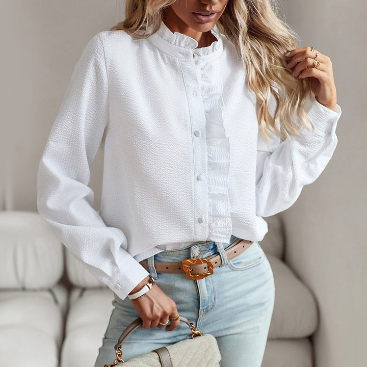 Women's Ruffle Trim Button Front Blouse Long Sleeve