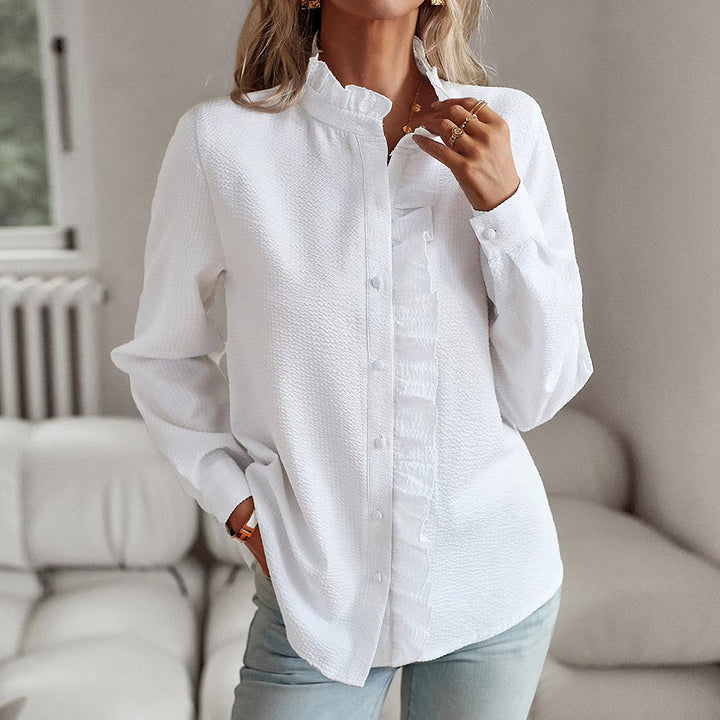 Women's Ruffle Trim Button Front Blouse Long Sleeve
