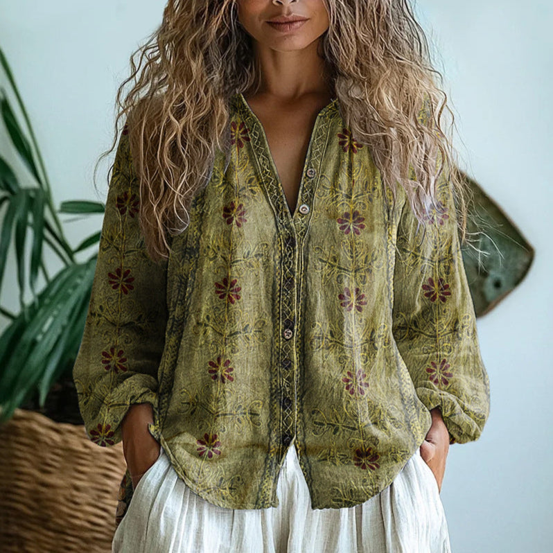 Women's Printed Boho Blouse with V-Neck and Long Sleeves