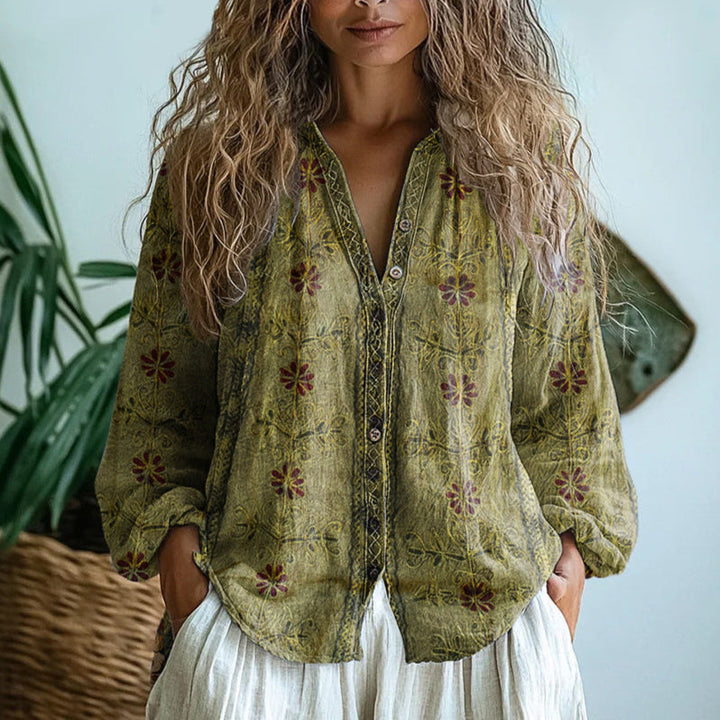 Women's Printed Boho Blouse with V-Neck and Long Sleeves