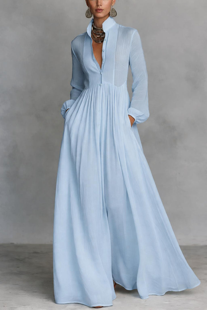 Women's Long Sleeve Button Front Flowy Maxi Dress