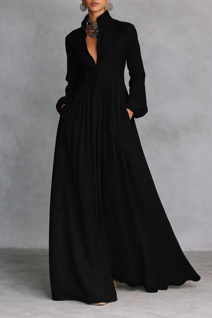 Women's Long Sleeve Button Front Flowy Maxi Dress