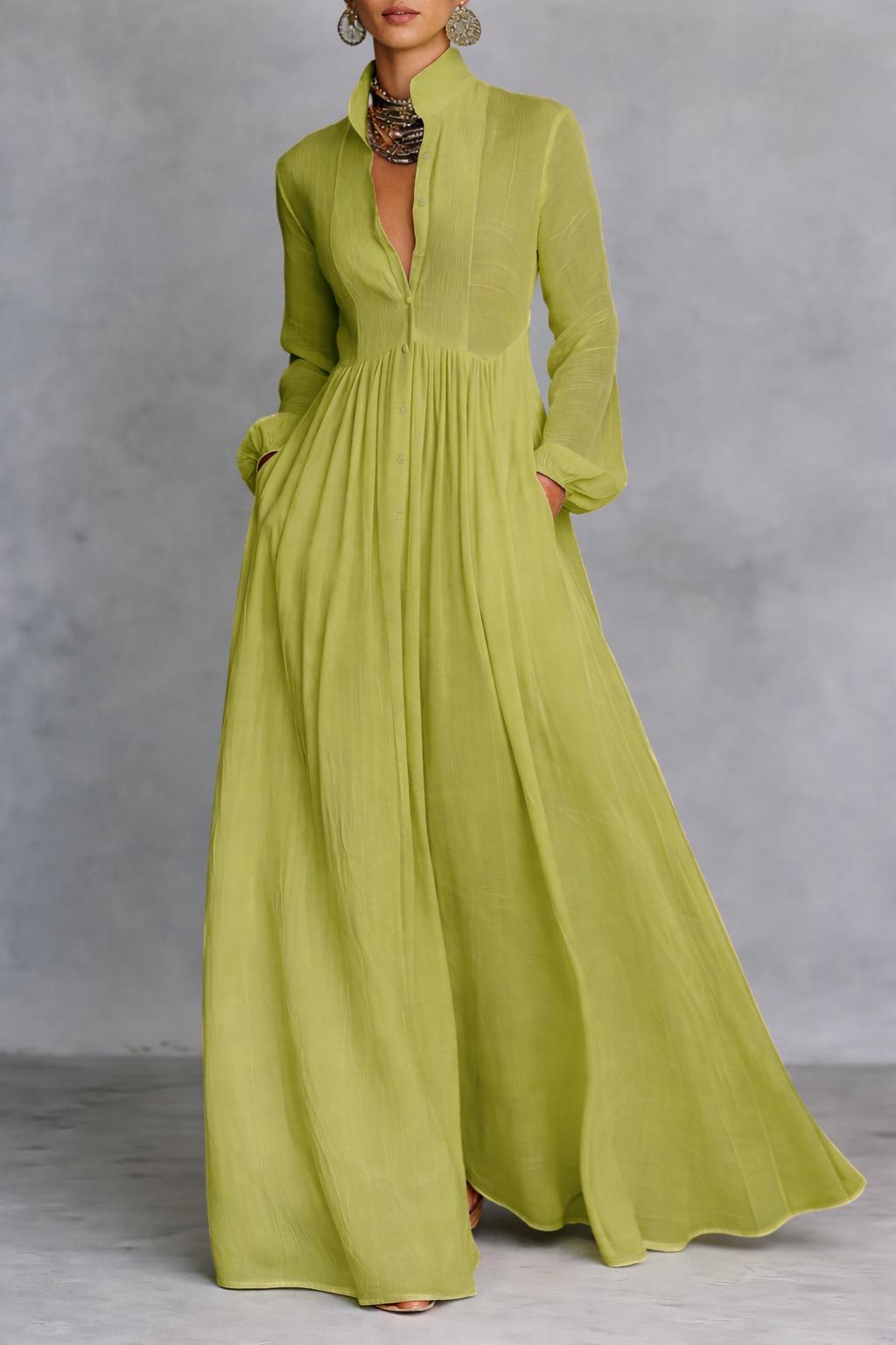 Women's Long Sleeve Button Front Flowy Maxi Dress