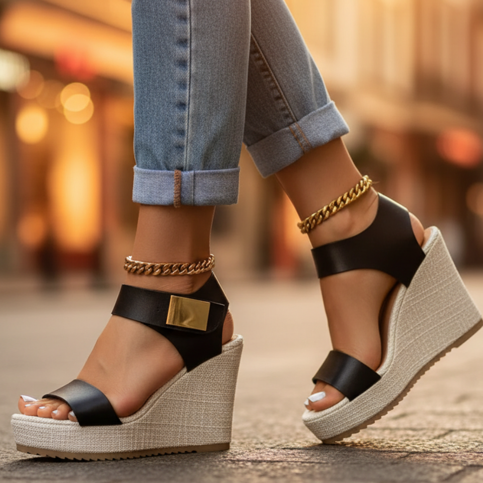 Women's Platform Wedge Sandals Gold Buckle Ankle Strap