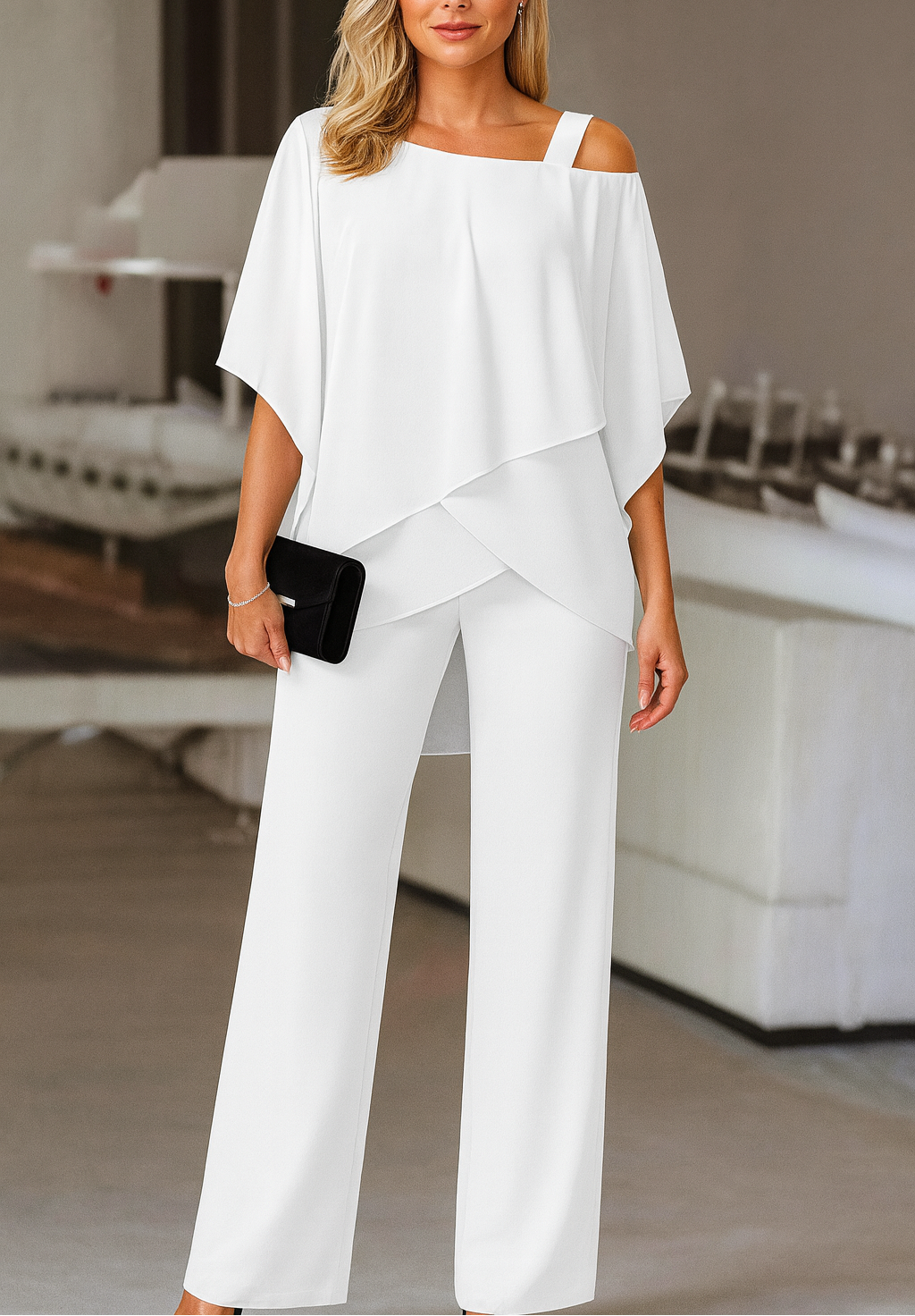 Women's Cold Shoulder Chiffon Top & Wide Leg Pants Set