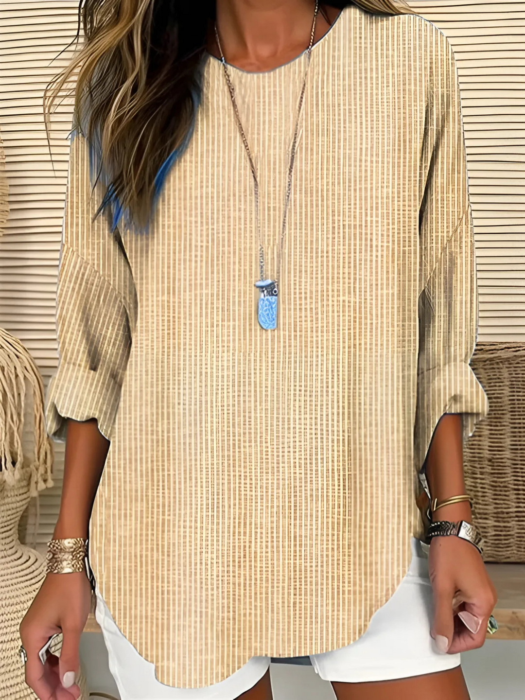 Women's Striped Long Sleeve Relaxed Fit Crew Neck Blouse