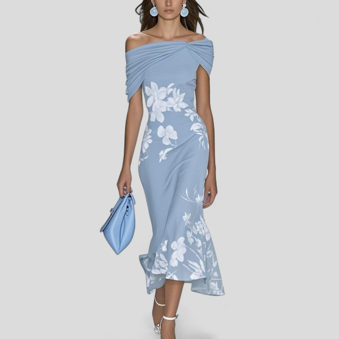 Women's Off-Shoulder Floral Midi Dress with Ruffle Hem and Wrap Neckline