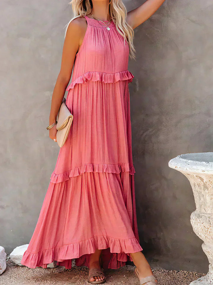 Women's Sleeveless Ruffle Maxi Dress with Halter Neck