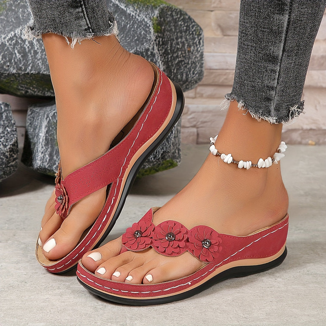 Women's Orthopedic Wedge Flip Flop Sandals with Floral Detail