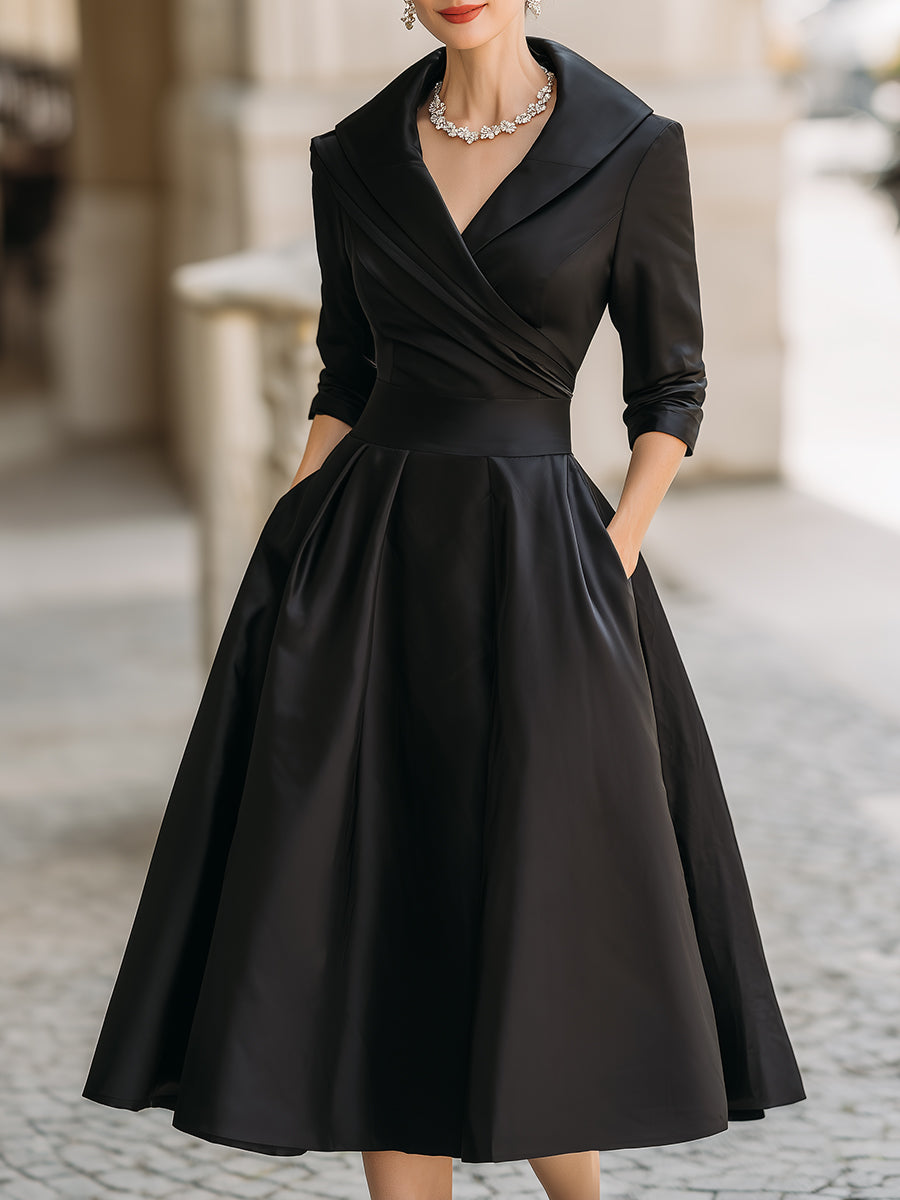 Women's Elegant A-Line Midi Dress with V-Neck