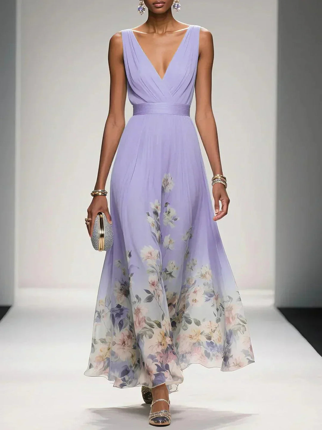 Women's Floral Print V-Neck Wedding Guest Maxi Dress