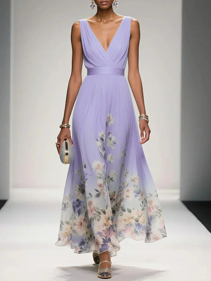 Women's Floral Print V-Neck Wedding Guest Maxi Dress