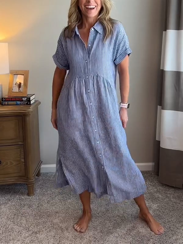 Women's Striped Button Front Midi Shirt Dress Short Sleeve