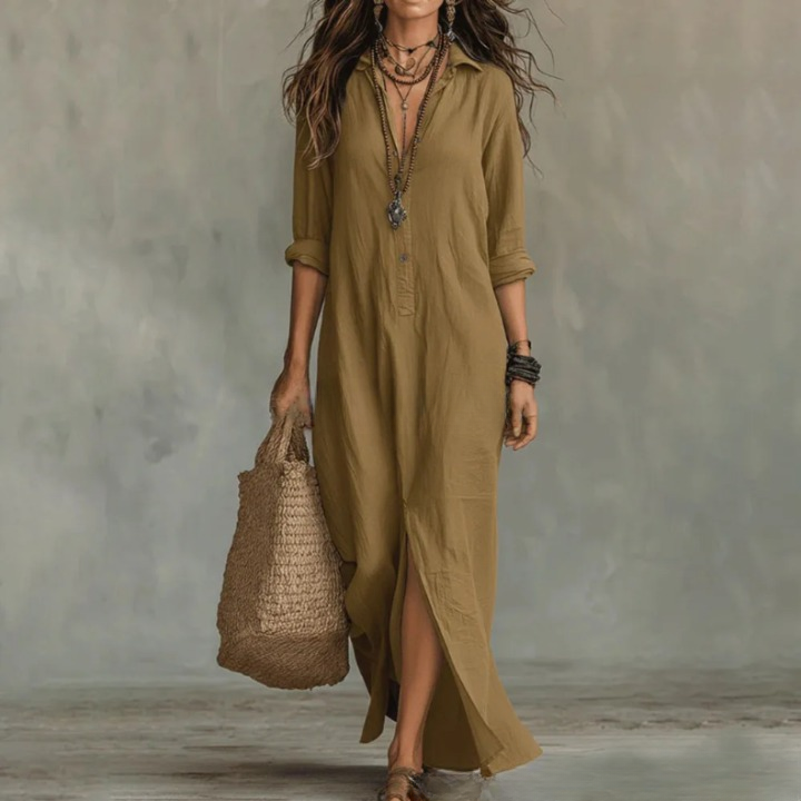 Women's Linen Maxi Shirt Dress V-Neck 3/4 Sleeve Split