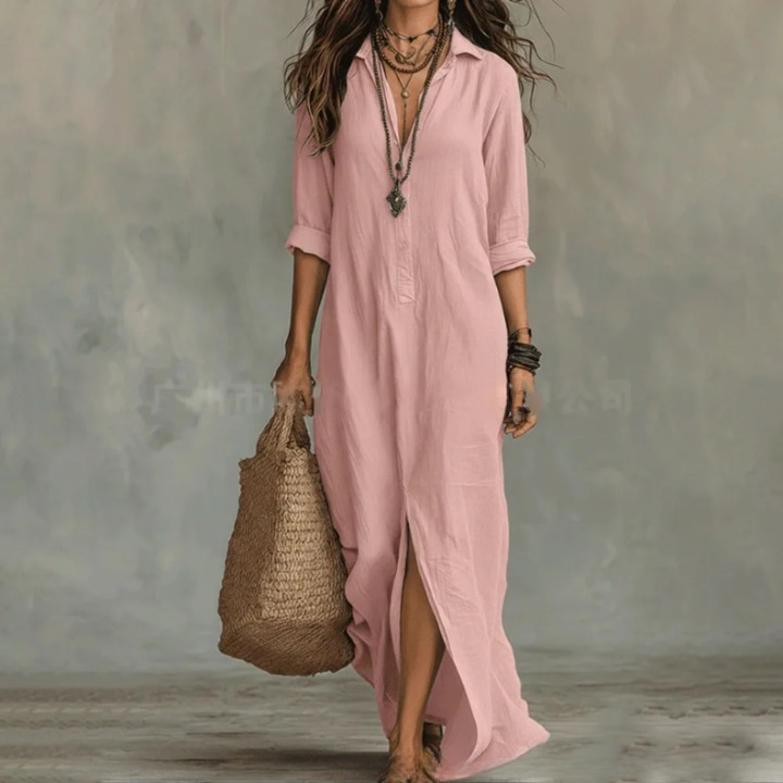 Women's Linen Maxi Shirt Dress V-Neck 3/4 Sleeve Split