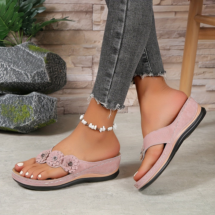 Women's Orthopedic Wedge Flip Flop Sandals with Floral Detail