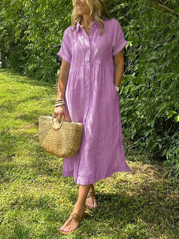 Women's Striped Button Front Midi Shirt Dress Short Sleeve