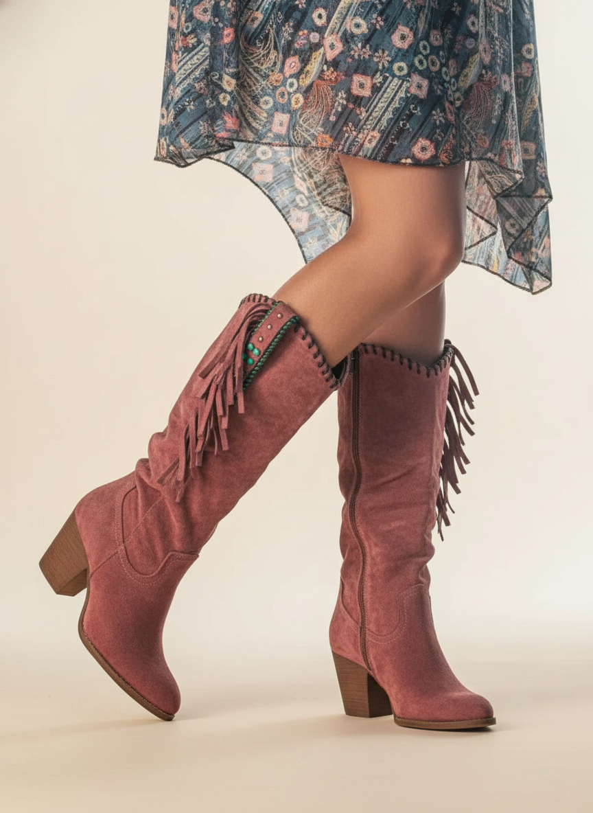 Women's Boho Fringe Embroidered Block Heel Western Knee-High Boots