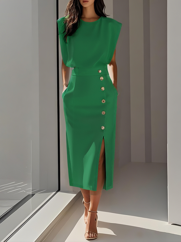 Women's Sleeveless Midi Dress Button Detail Side Split