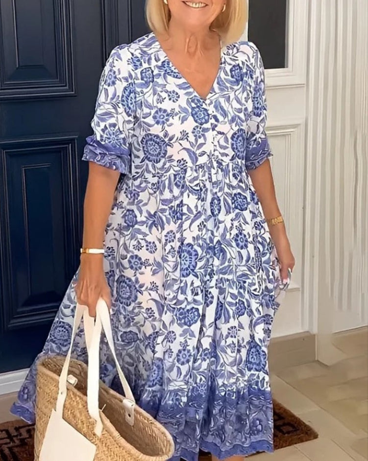 Women's Floral V-Neck Midi Dress with Short Sleeves