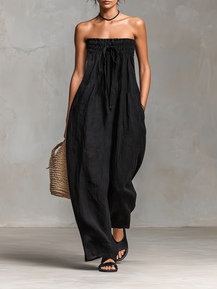 Women's Linen Strapless Jumpsuit Loose Fit Tie Closure